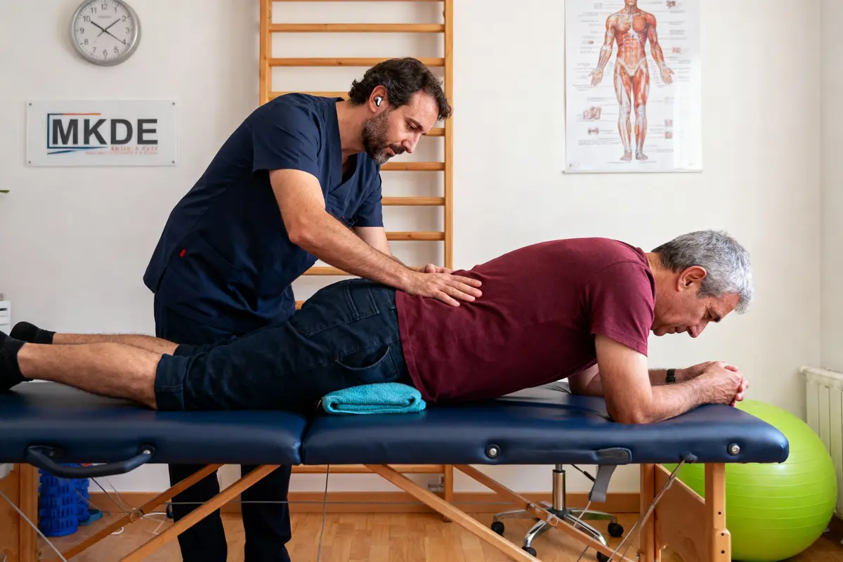 Physiothérapeute effectuant un massage dorsal sur un patient allongé sur une table de traitement.
