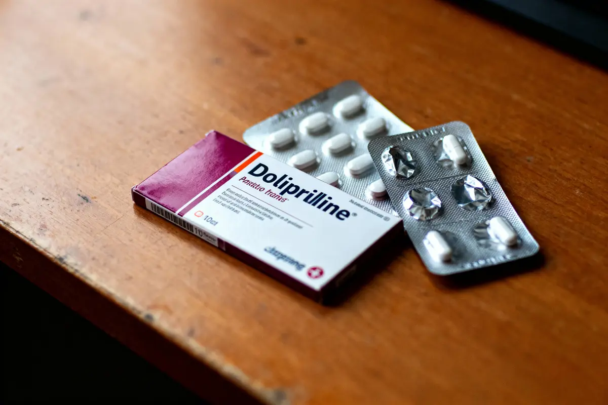 Boîte de médicaments "Doliprilline" et deux plaquettes de comprimés blancs sur une table en bois.