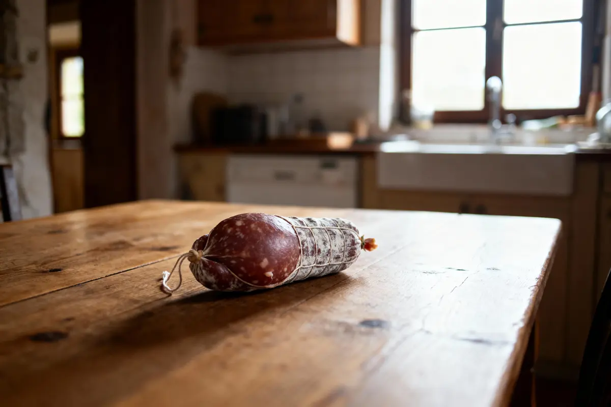 Saucisson sec sur table en bois, cuisine rustique lumineuse en arrière-plan.