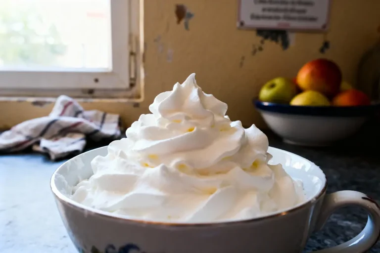 Bol de crème fouettée devant fenêtre, fruits en arrière-plan, sur plan de travail de cuisine.