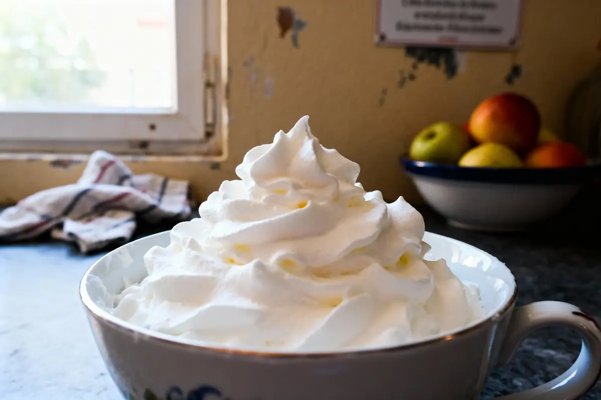 Bol de crème fouettée devant fenêtre, fruits en arrière-plan, sur plan de travail de cuisine.