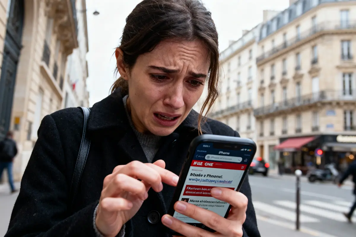 Femme stressée tenant un smartphone, inquiète en lisant un message, debout dans une rue urbaine.
