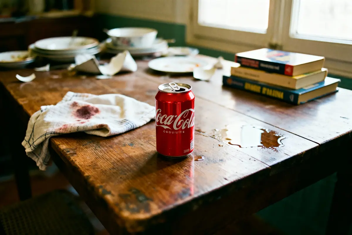 Canette de Coca-Cola sur table en bois avec livres, vaisselle et torchon.
