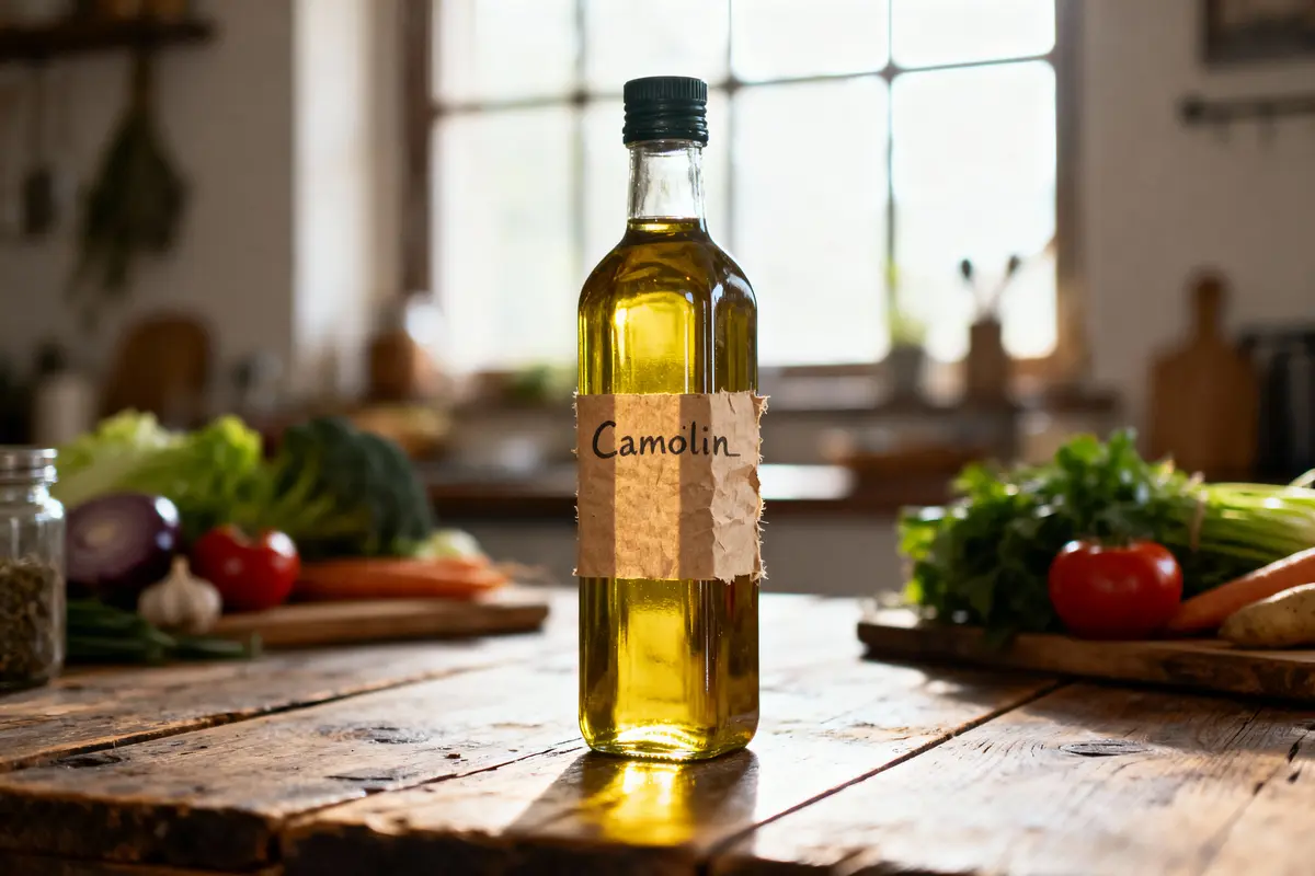 Bouteille d'huile d'olive Camolin sur table en bois, entourée de légumes dans une cuisine lumineuse.