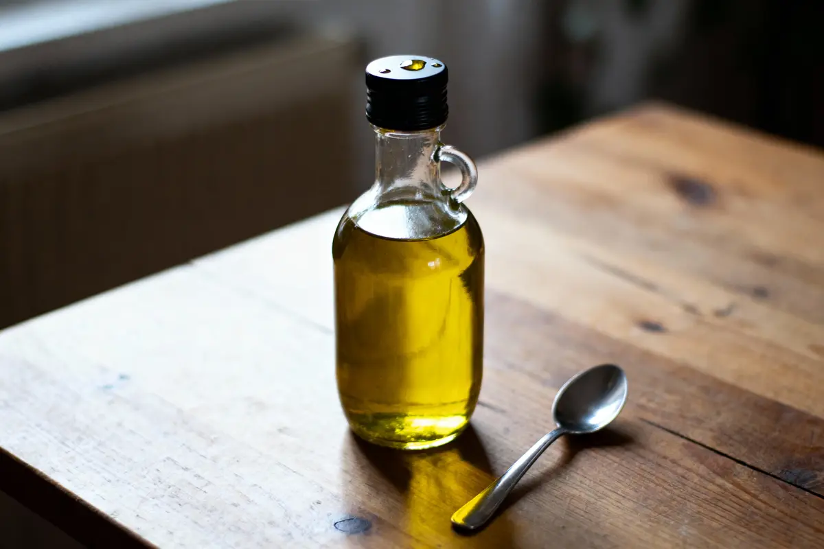 Bouteille d'huile d'olive et cuillère sur une table en bois éclairée naturellement.