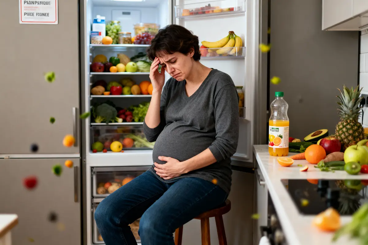 Femme enceinte assise, préoccupée, devant réfrigérateur ouvert rempli de fruits et légumes, bouteille de jus posée.