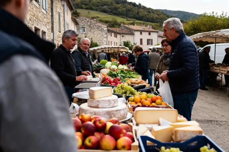 Marché en plein air avec fruits, légumes, fromages sur étals. Personnes discutant et achetant. Maisons en arrière-plan.