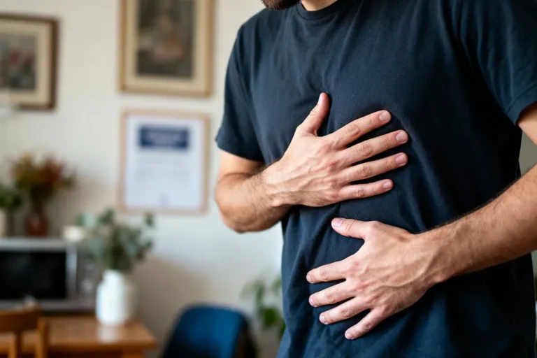 Homme ressentant des douleurs abdominales avec mains sur son ventre, intérieur flou en arrière-plan.