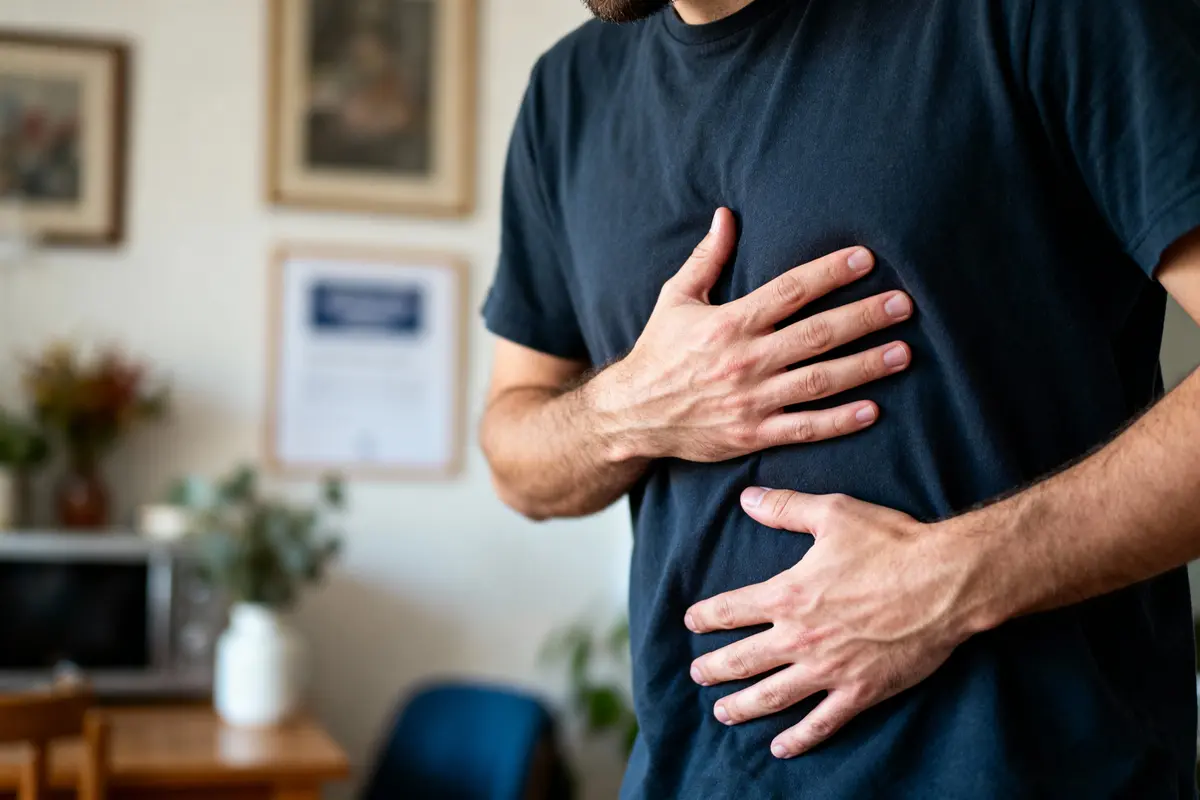 Homme ressentant des douleurs abdominales avec mains sur son ventre, intérieur flou en arrière-plan.