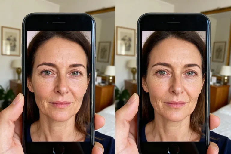Deux gros plans de visage féminin sur smartphone, avant et après retouche, dans une pièce domestique.