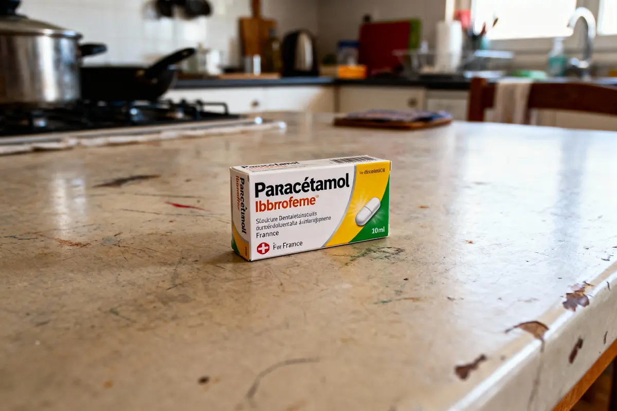 Boîte de paracétamol sur une table de cuisine, cuisine en arrière-plan floue.
