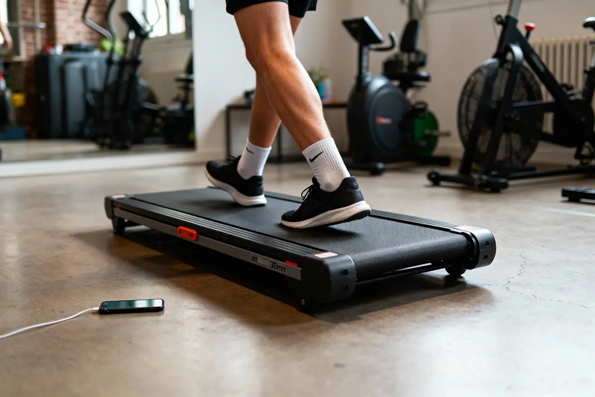 Personne marche sur un tapis roulant dans une salle de sport moderne, téléphone au sol à proximité.