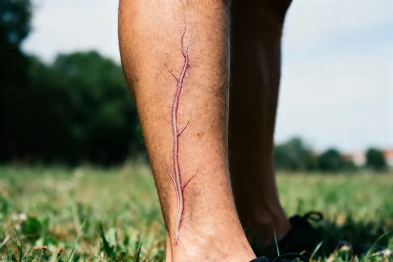 Jambe avec cicatrice chirurgicale visible en extérieur, sur fond de verdure floue et ciel clair.