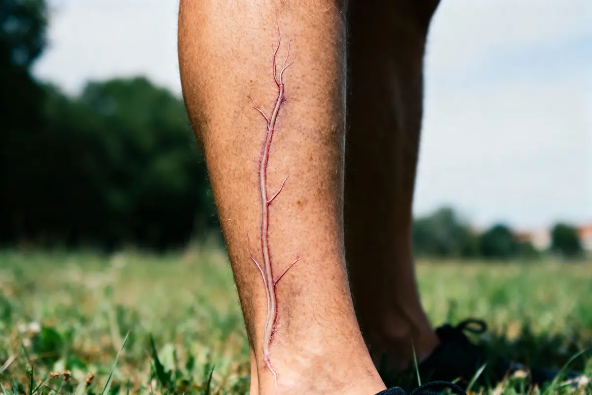 Jambe avec cicatrice chirurgicale visible en extérieur, sur fond de verdure floue et ciel clair.