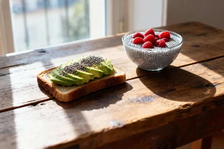 Toast à l'avocat, graines de chia et bol de pudding chia framboises sur table en bois.