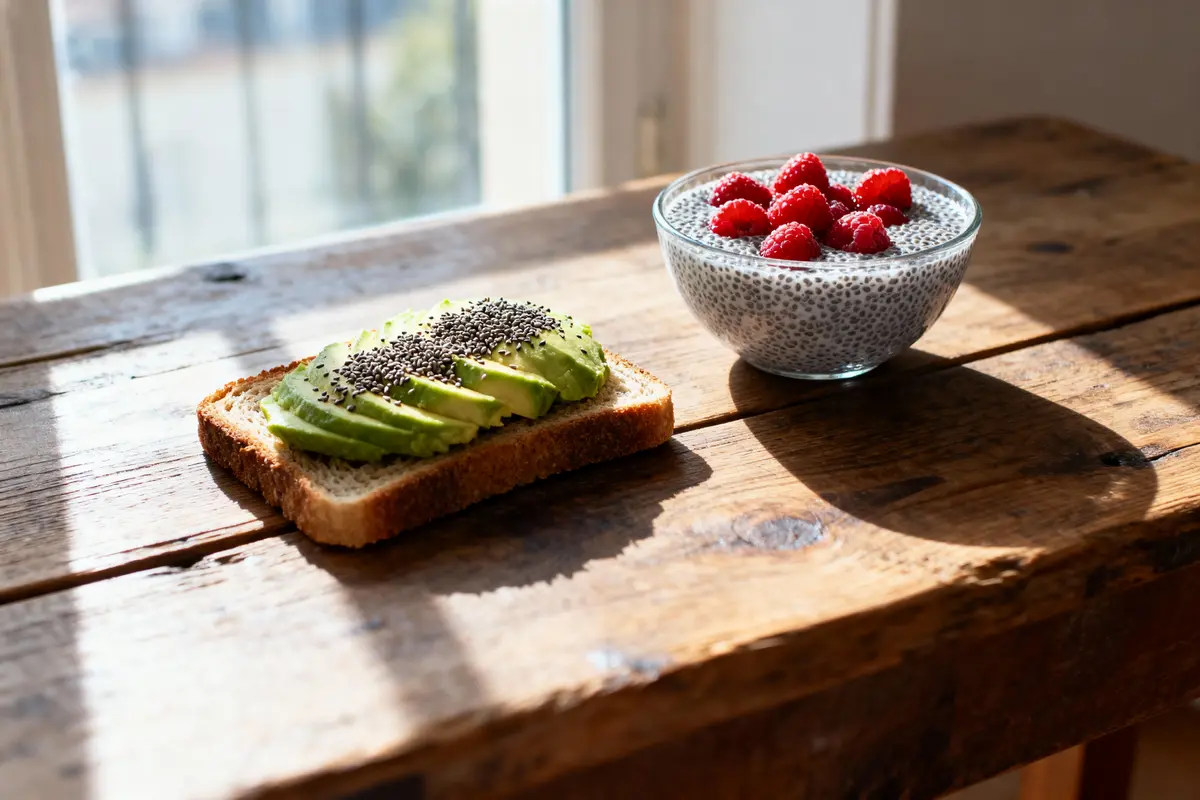 Toast à l'avocat, graines de chia et bol de pudding chia framboises sur table en bois.
