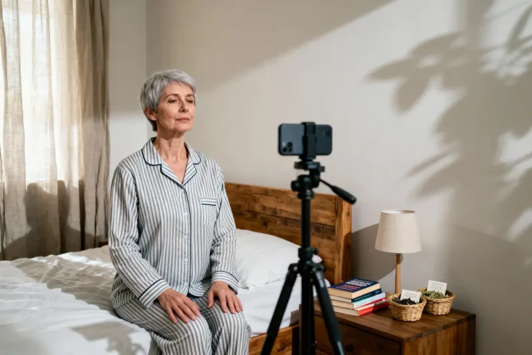 Femme en pyjama assise sur un lit, filmée par un smartphone sur trépied, livres et lampe à côté.
