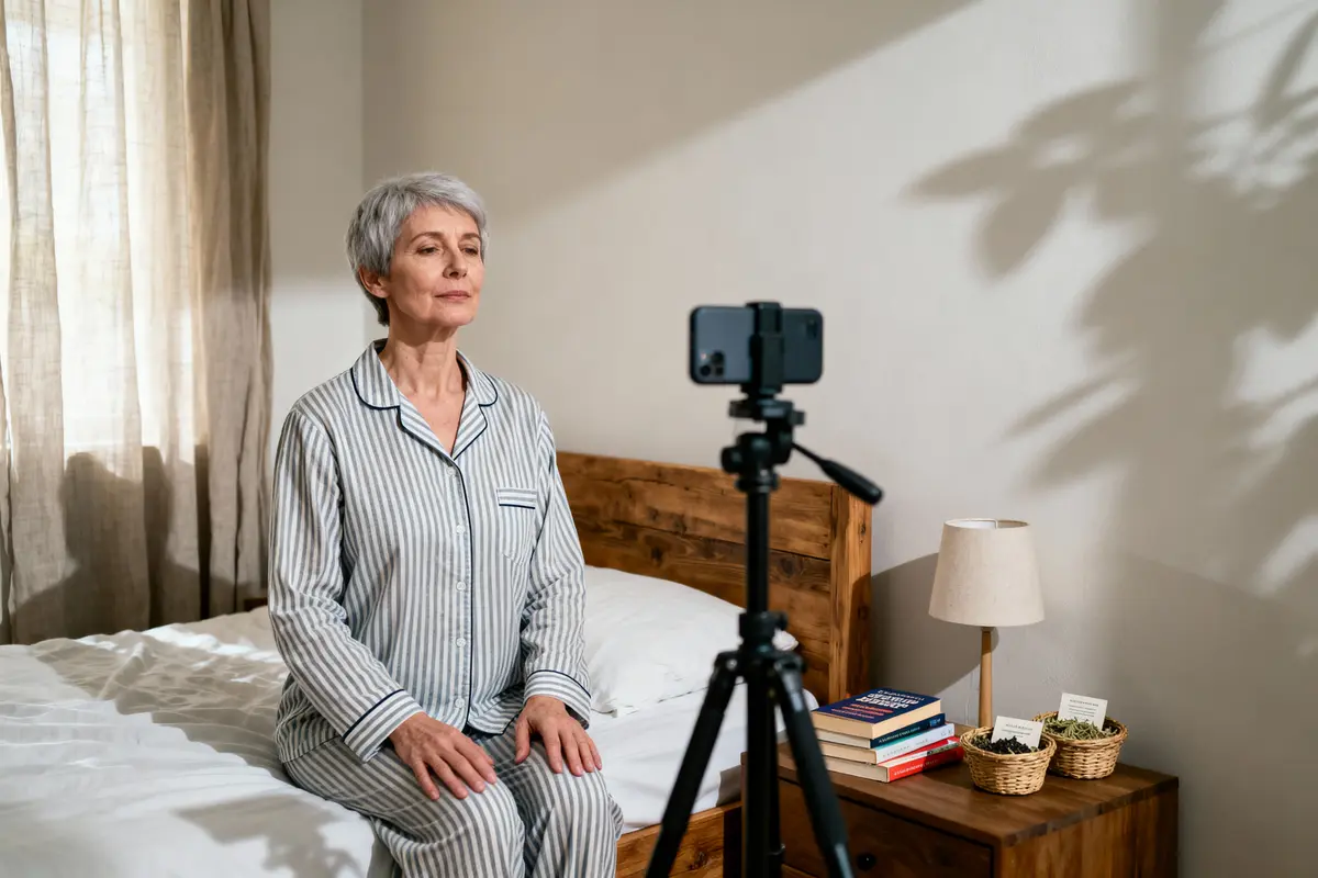 Femme en pyjama assise sur un lit, filmée par un smartphone sur trépied, livres et lampe à côté.