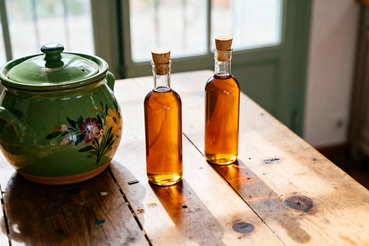Deux bouteilles d'huile et pot vert décoré sur table en bois, lumière naturelle.
