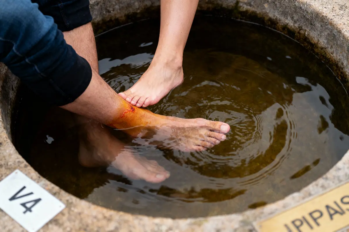 Deux personnes immergent leurs pieds dans l'eau claire d'une fontaine ronde en pierre, avec une blessure visible.
