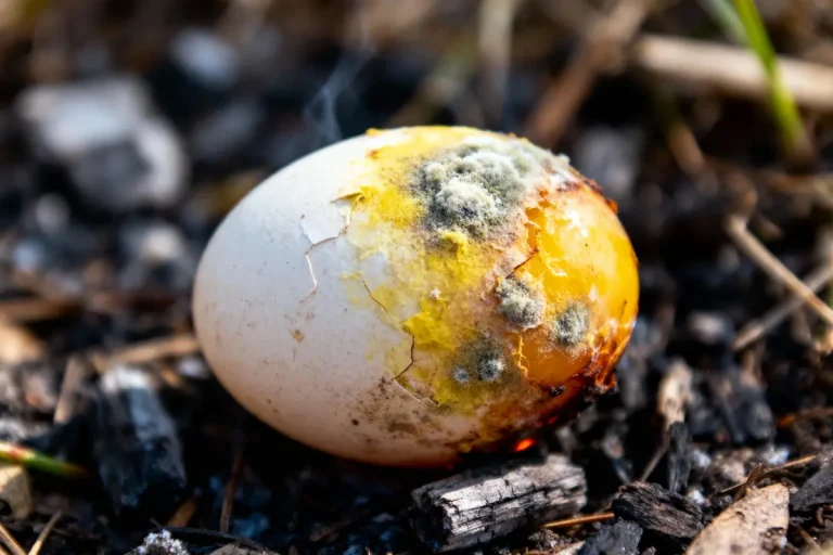 Oeuf craqué, moisi, posé sur sol sombre, exposé aux éléments extérieurs.