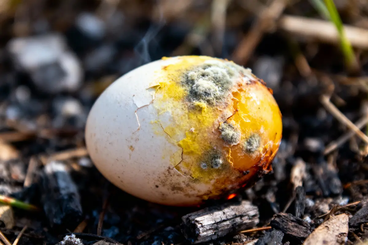 Oeuf craqué, moisi, posé sur sol sombre, exposé aux éléments extérieurs.