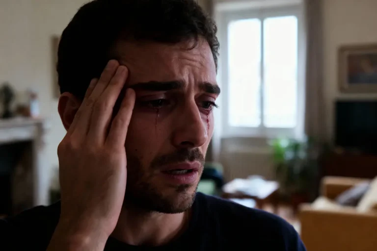 Homme pleurant, se tenant la tête dans un salon lumineux, exprimant de la tristesse.