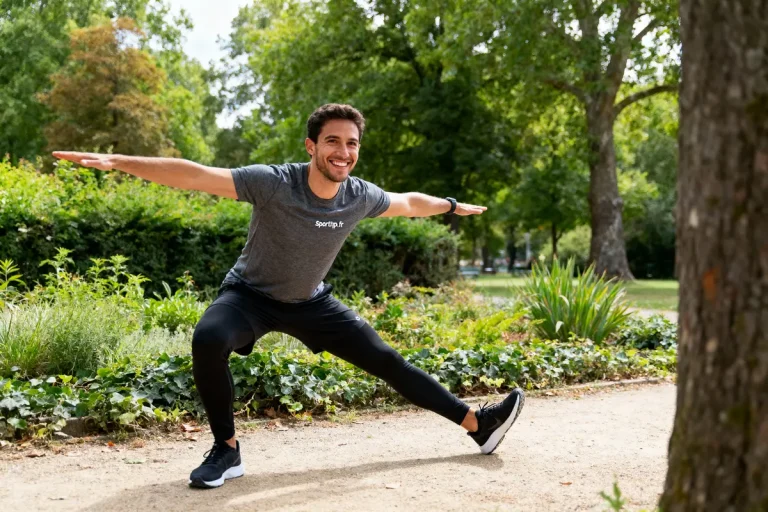 Homme souriant faisant des exercices d'étirement dans un parc, portant un t-shirt gris et des leggings noirs.