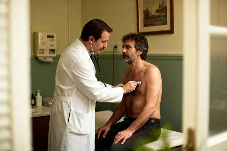 Médecin examine un patient torse nu avec un stéthoscope dans un cabinet médical, mur vert en arrière-plan.