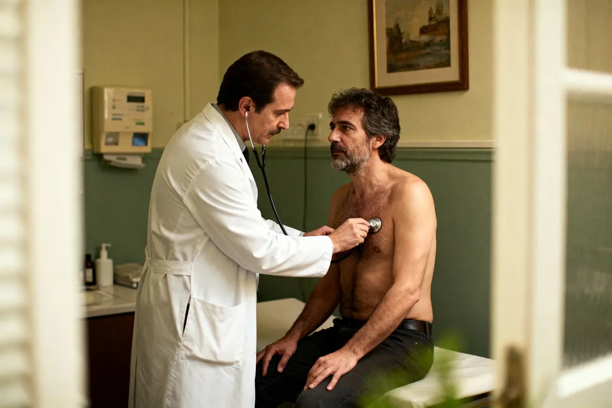 Médecin examine un patient torse nu avec un stéthoscope dans un cabinet médical, mur vert en arrière-plan.