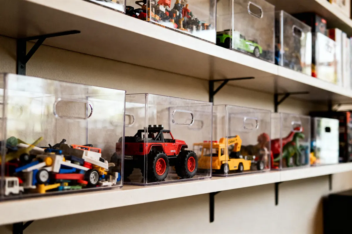 Étagères avec boîtes transparentes contenant des jouets : camion, voitures, dinosaures en plastique colorés.