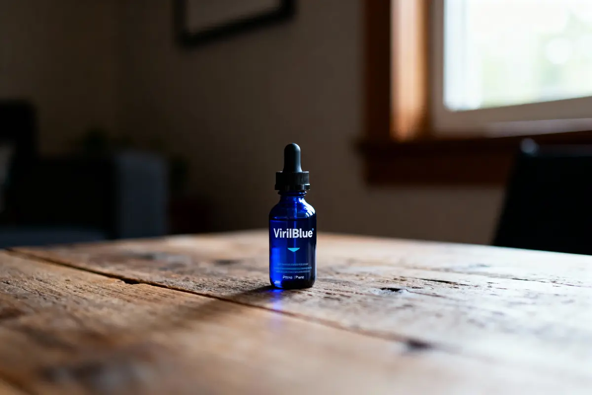 Une bouteille bleue avec pipette sur une table en bois, éclairée par une fenêtre adjacente.