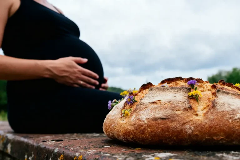 Une femme enceinte assise à côté d'un pain décoré de fleurs sur une table extérieure.