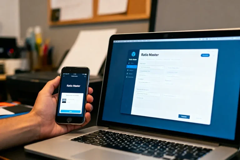 Une main tient un smartphone affichant "Ratio Master" près d'un ordinateur portable ouvert sur la même application.