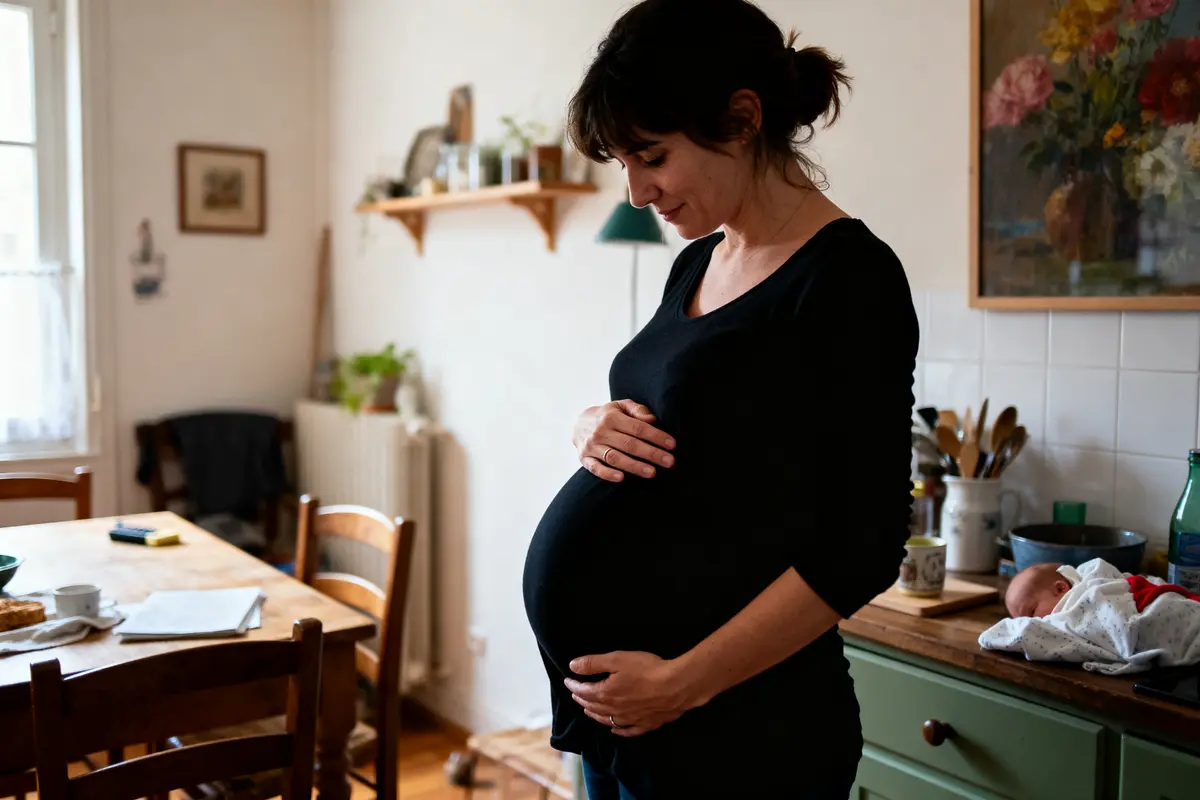Femme enceinte dans une cuisine, tenant son ventre. Bébé endormi sur le comptoir près d'elle.