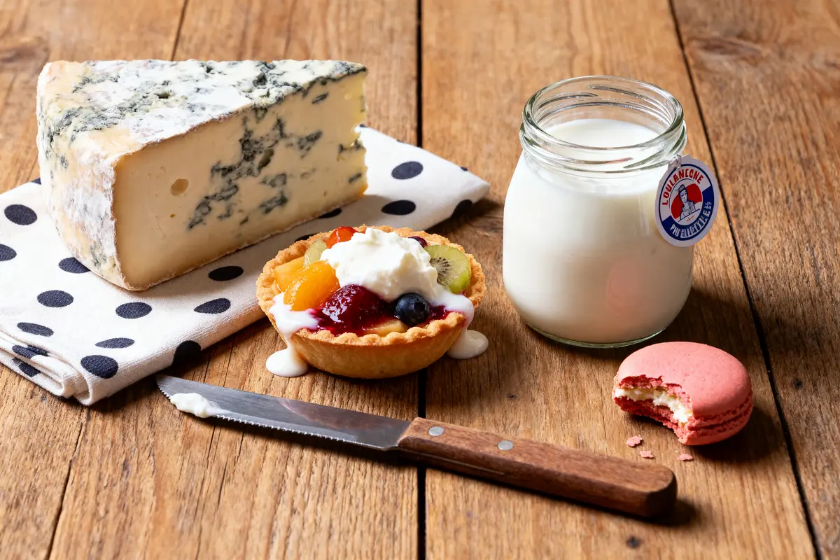Fromage, lait, tarte aux fruits et macaron rose sur une nappe à pois noirs.