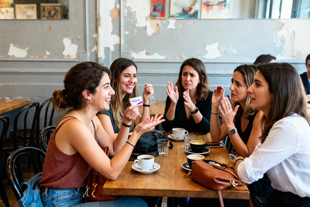Cinq femmes souriantes discutant autour de tasses de café dans un café, ambiance conviviale et chaleureuse.