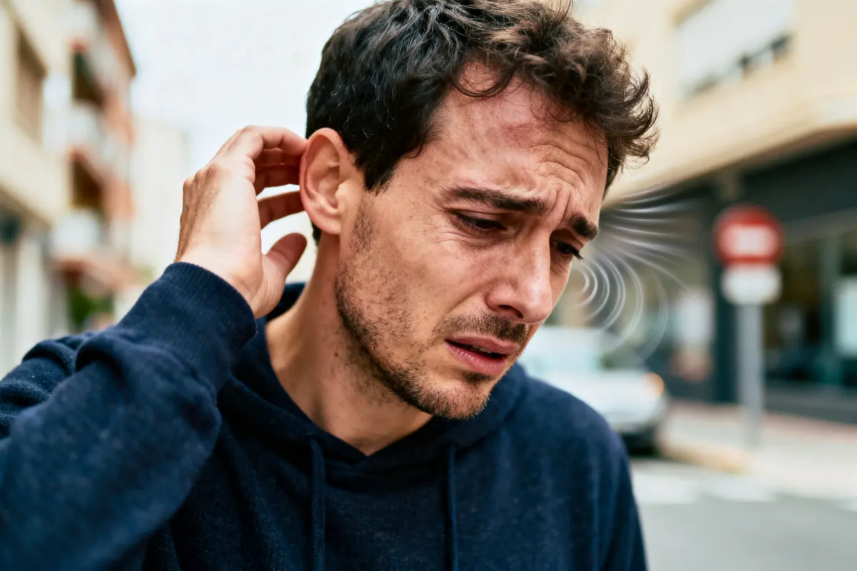 Homme en sweat à capuche bleu, dehors, semble préoccupé ou stressé, se gratte la nuque.