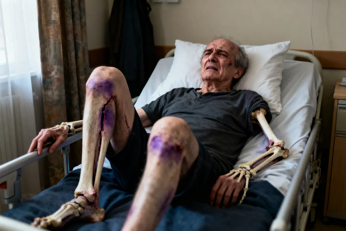 Homme âgé allongé sur un lit avec fractures osseuses visibles. Salle de soins.