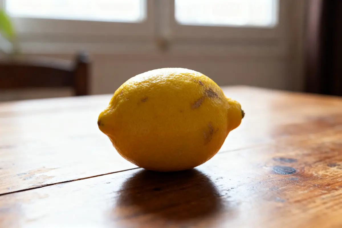 Citron jaune légèrement abîmé sur une table en bois, lumière naturelle à l'arrière-plan.