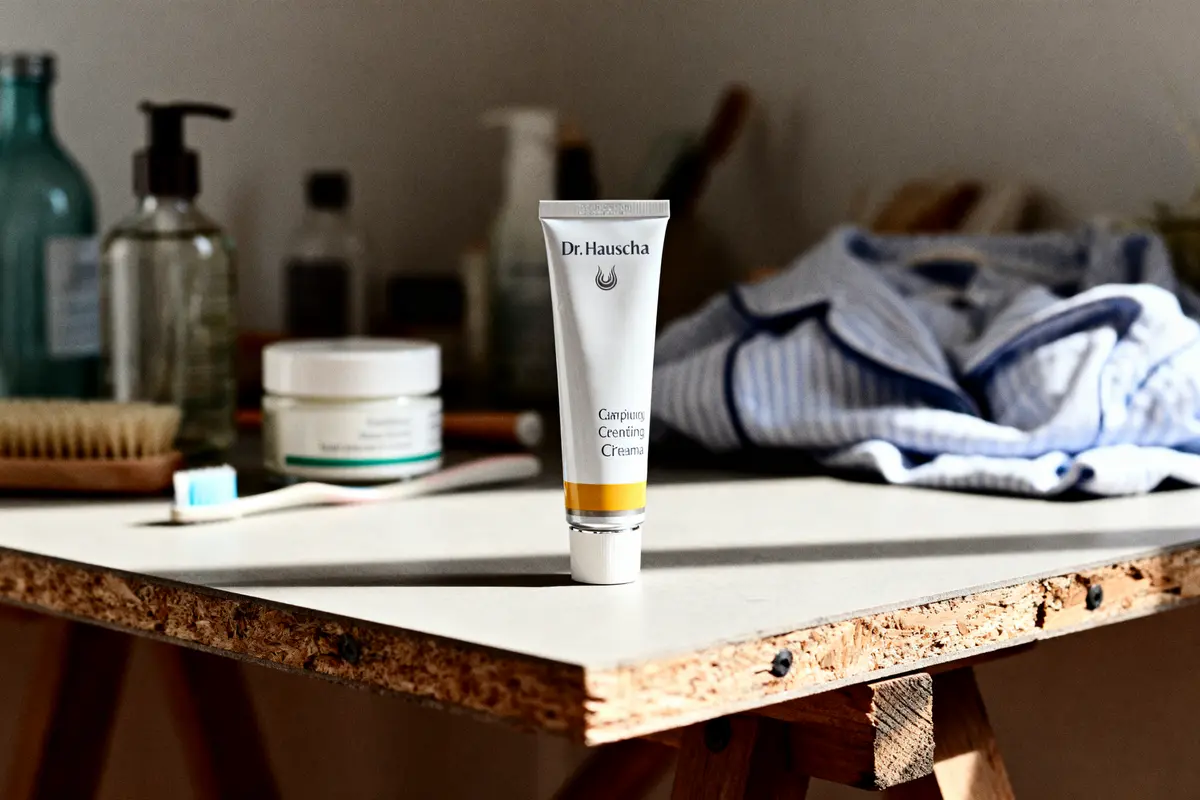 Tube de crème Dr. Hauschka sur table, produits et chemise en arrière-plan.