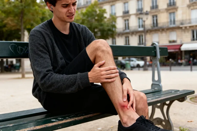 Homme assis sur un banc, souffrant, tenant sa jambe blessée à l'extérieur.