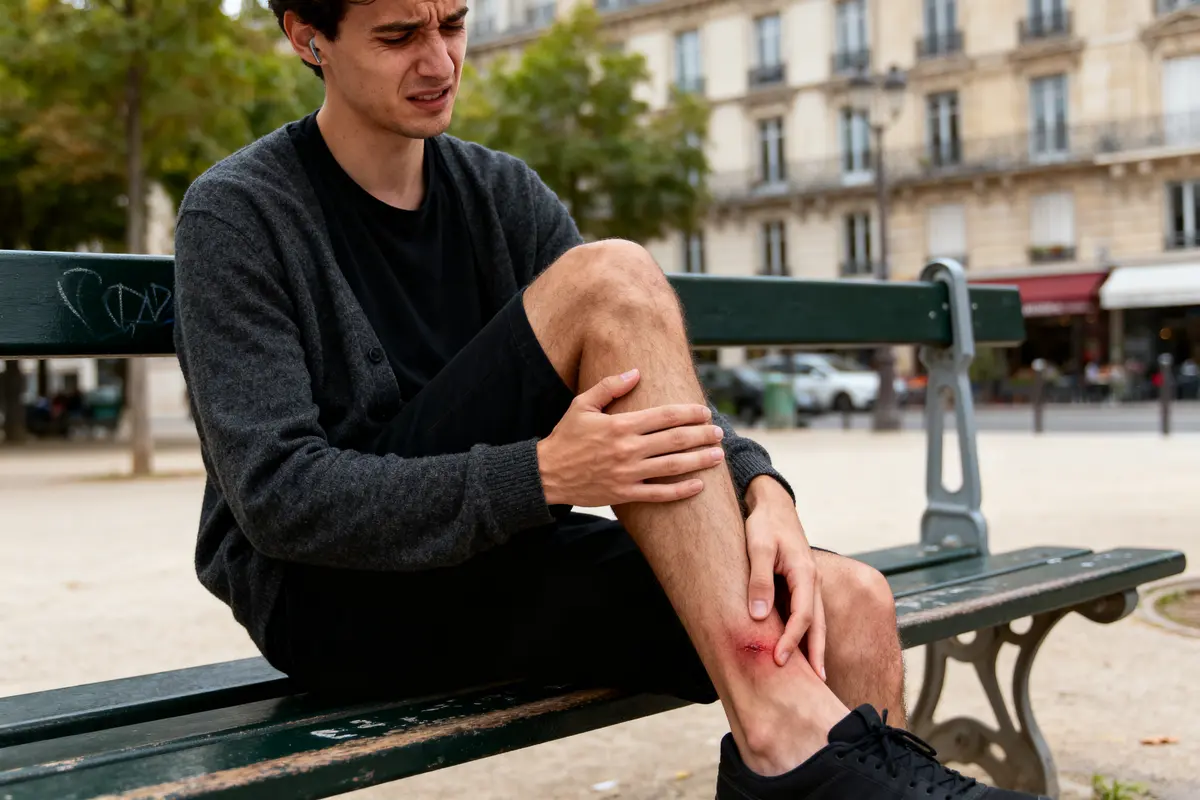 Homme assis sur un banc, souffrant, tenant sa jambe blessée à l'extérieur.