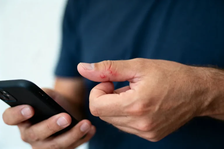 Homme blessé au pouce tenant un smartphone, portant un t-shirt bleu.