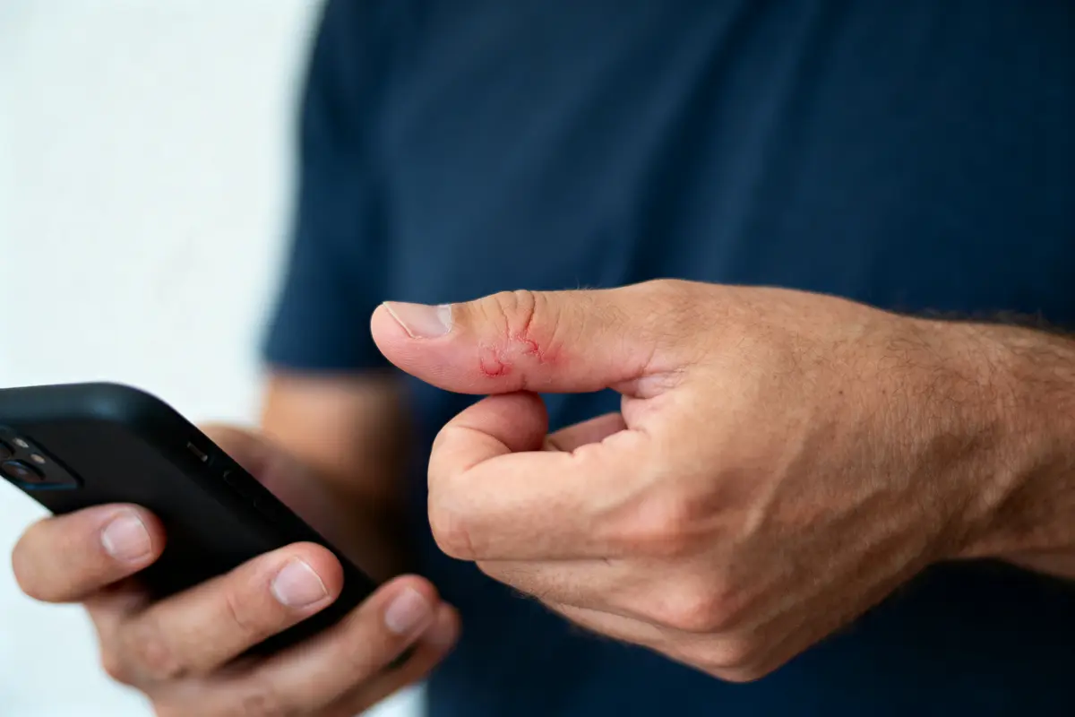 Homme blessé au pouce tenant un smartphone, portant un t-shirt bleu.
