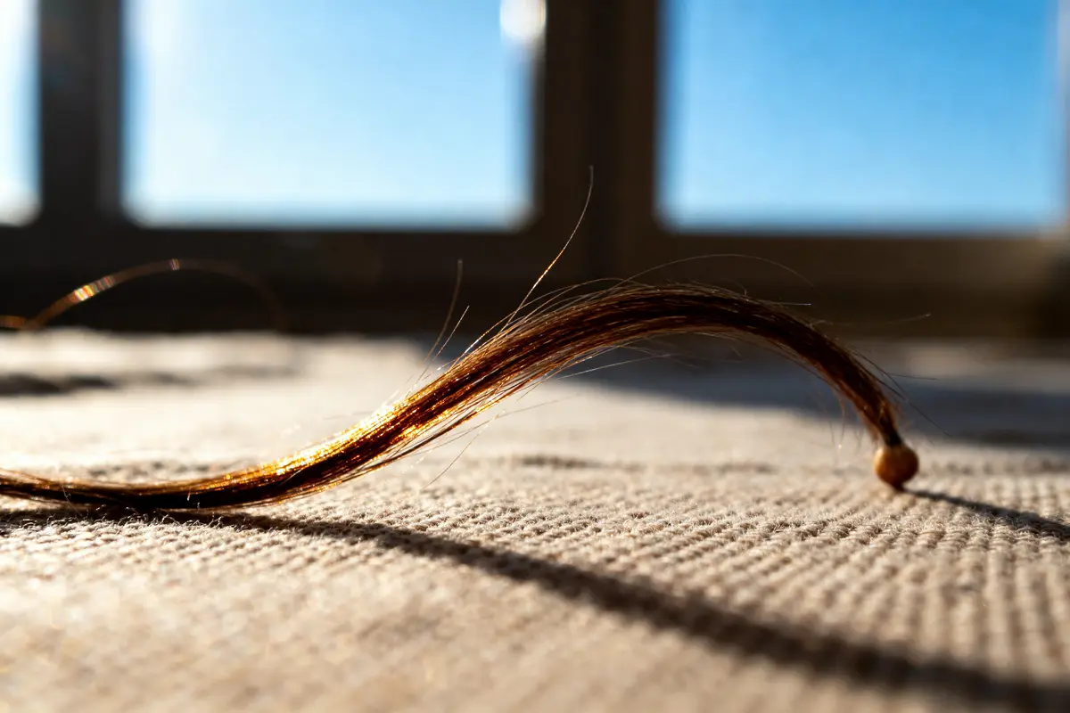 Mèche de cheveux bruns sur une surface texturée, éclairée par la lumière naturelle d'une fenêtre.