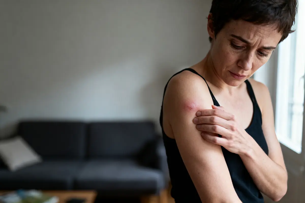 Femme examinant une éruption cutanée sur son épaule dans un salon. Fond flou avec canapé.