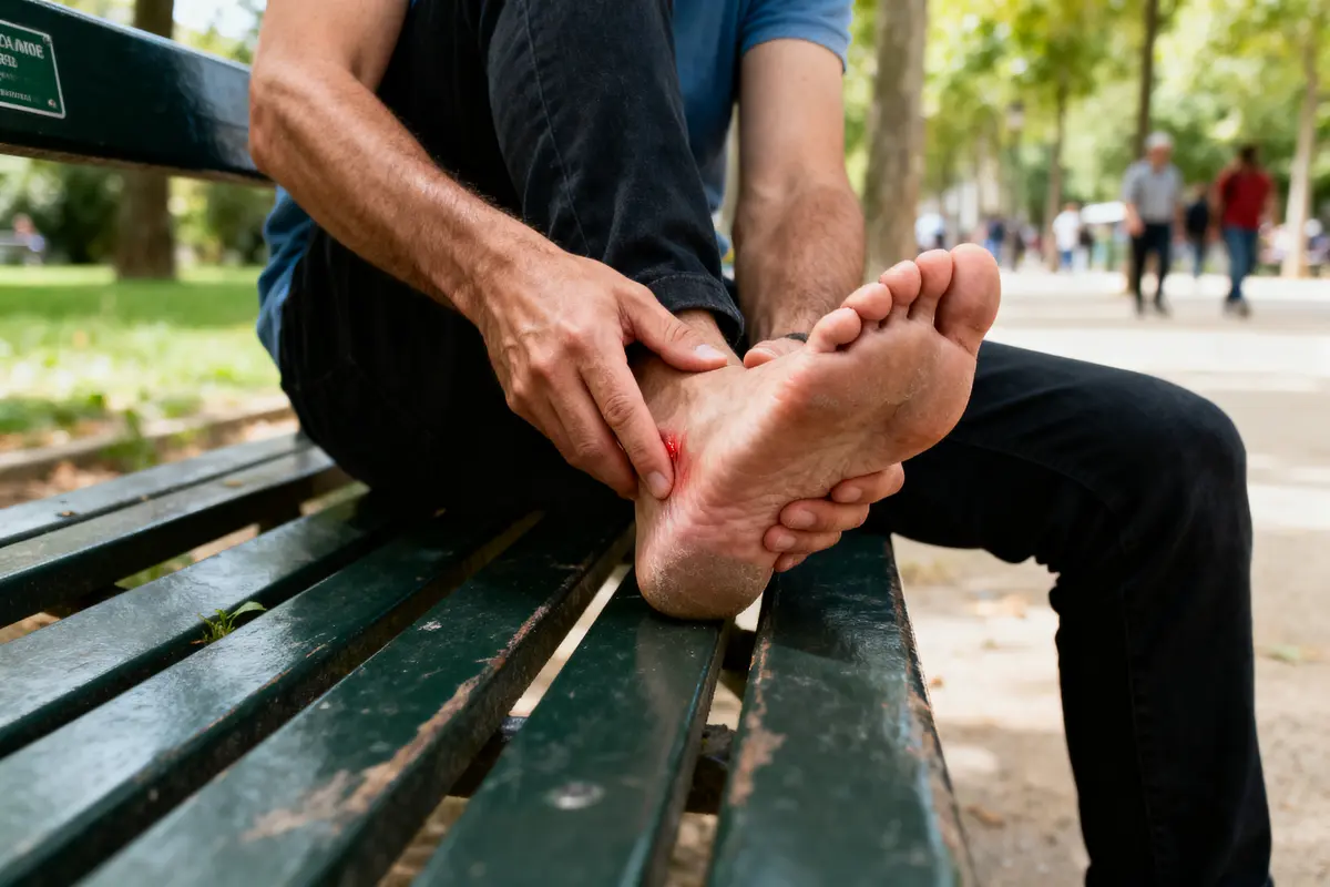 Homme assis sur un banc, examine son pied avec ampoule rouge douloureuse dans un parc.