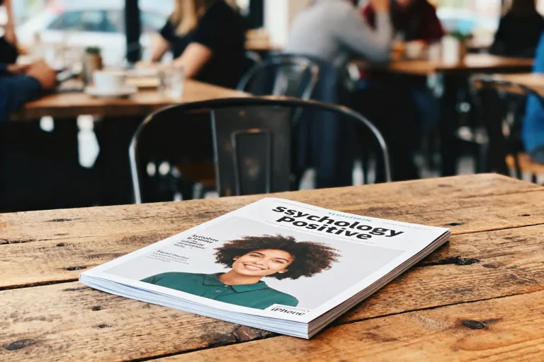 Magazine "Psychology Positive" posé sur table en bois, café en arrière-plan flou.