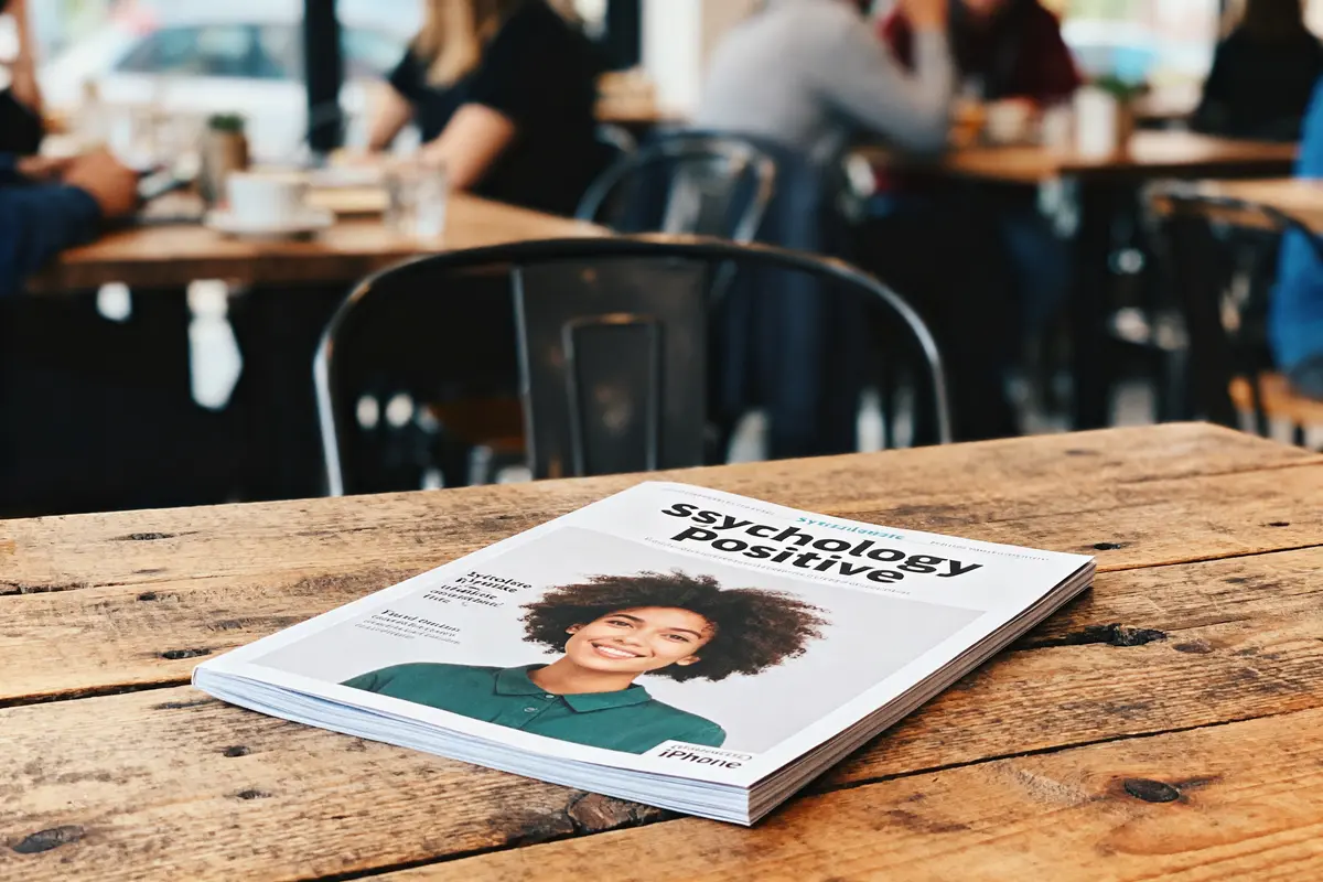 Magazine "Psychology Positive" posé sur table en bois, café en arrière-plan flou.
